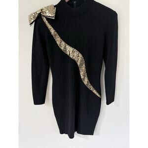 St. John Metallic Bow Sequin Santana Knit Dress Size 2 Black Gold Bodycon Formal